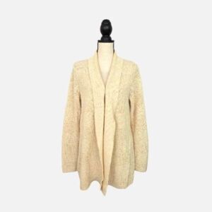L.L. Bean Cream Chunky Knit Open Front Cardigan Sweater Size L Cotton Texture